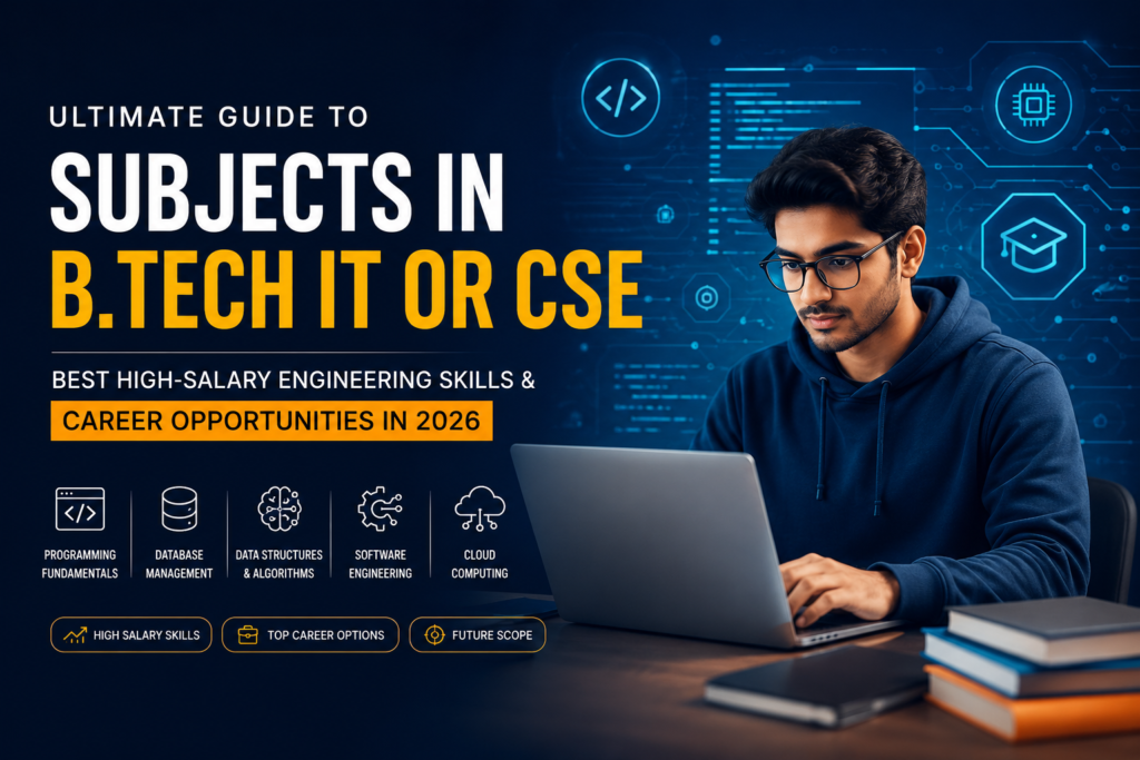 Student learning subjects in B.Tech IT or CSE with programming, AI, cloud computing, and high-salary engineering career concepts