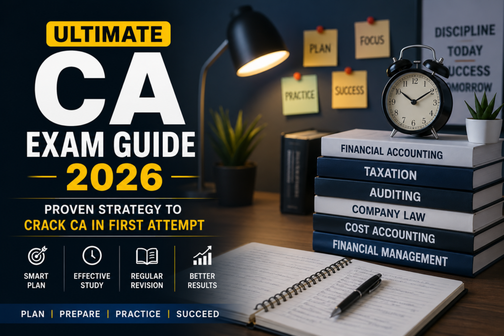 Professional CA Exam Guide 2026 study setup with accounting books, notes, and preparation strategy for first attempt success