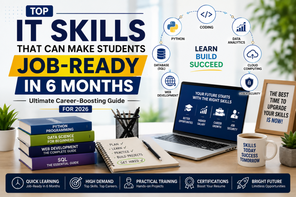 Top IT skills career guide image with coding, cloud computing, Python, data analytics, and job-ready tech skills for students in 2026